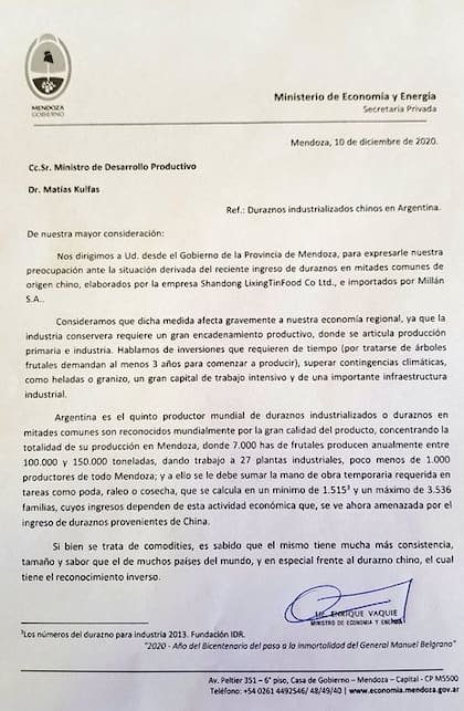 La carta que envió el Gobierno de Mendoza a las autoridades nacionales.