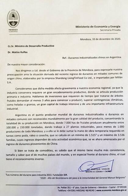 La carta que envió el Gobierno de Mendoza a las autoridades nacionales.