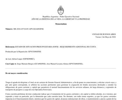 La carta que envió el presidente de Trenes Argentinos a otros funcionarios
