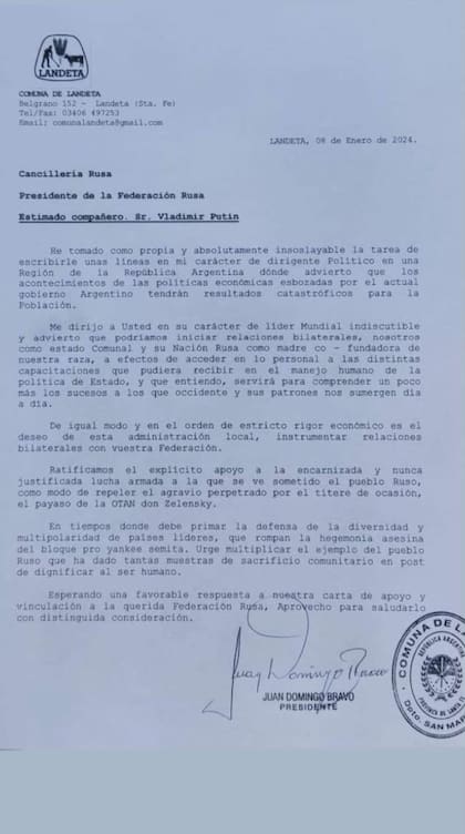 La carta que Juan Domingo Bravo envió al presidente ruso, Vladimir Putin