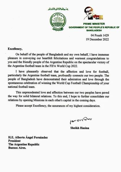 La carta que la primera ministra de Bangladesh le mand a Alberto Fernndez