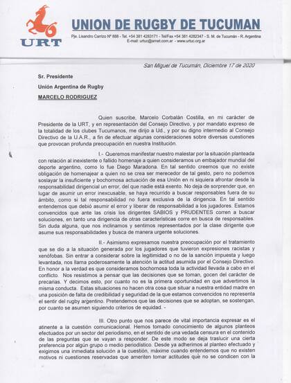 La carta que la Unión de Tucumán difundió luego de enviársela a la UAR