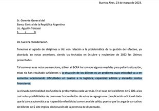 La carta que le enviaron las entidades monetarias al Banco Central por el exceso de billetes y las dificultades que genera