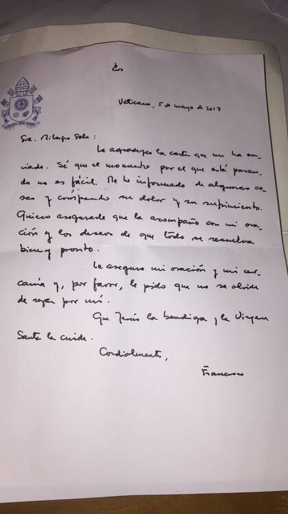 La carta que le envió el Papa Francisco a Milagro Sala