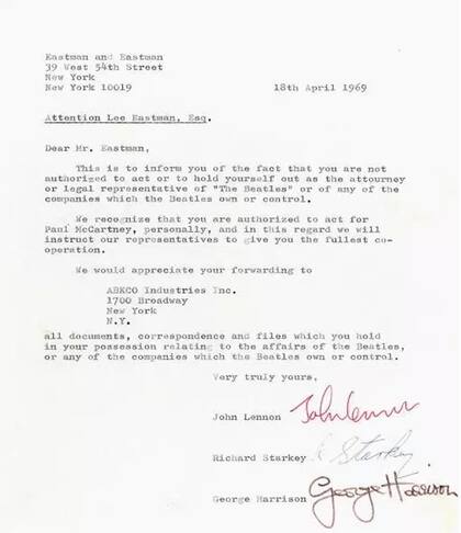 La carta que Lennon, Ringo y Harrison le enviaron a Eastman, en abril de 1969