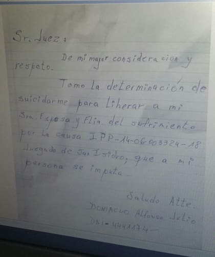 La carta que llevaba Alfonso Doniacuo antes de saltar de la grúa