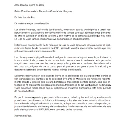 La carta que los vecinos enviaron a Luis Lacalle Pou.