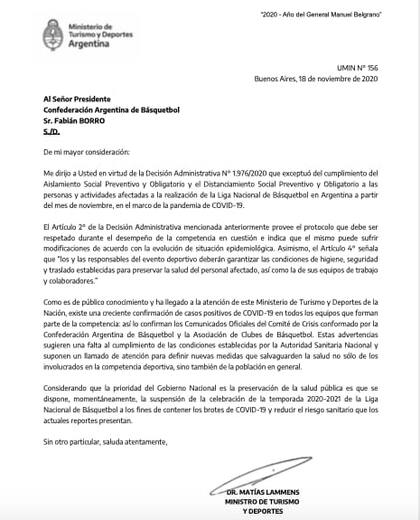 La carta que Matías Lammens firmó y en la que anuncia la suspensión de la Liga