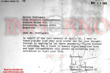 La carta que Neil Armstrong le envió a Independiente, en agradecimiento por los banderines y las camisetas que le habían regalado a los tripulantes del Apolo 11