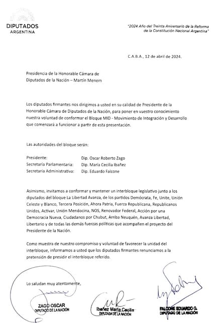 La carta que presentaron Zago, Ibáñez y Falcone