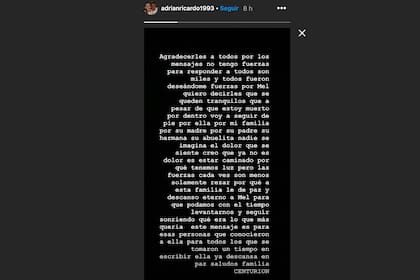 La carta que publicó Ricardo Centurión en su historia de Instagram agradeciendo los mensajes de condolencias por la muerte de su novia Melody Pasini