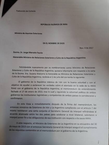 La carta que recibió Jorge Faurie del gobierno de Irán