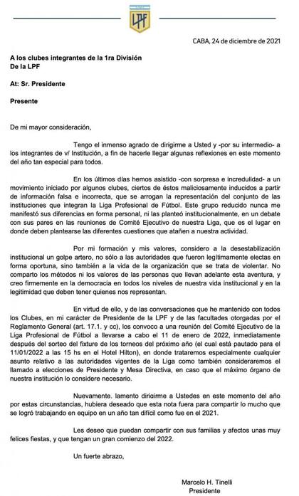 La carta que Tinelli les presentó a sus colegas