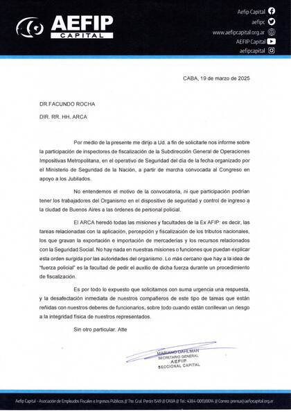 La carta que uno de los gremios envió a Recursos Humanos