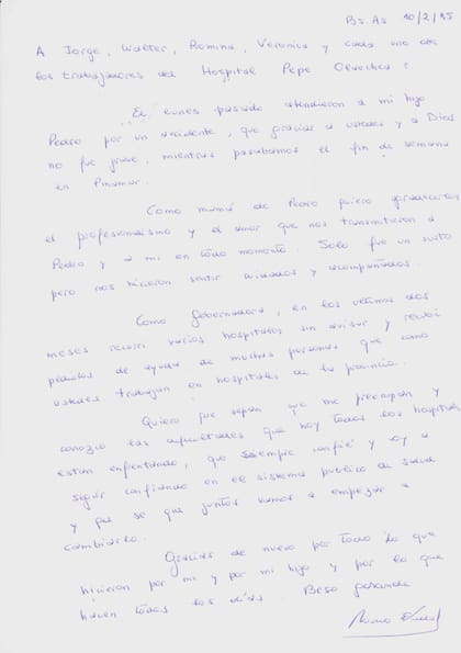 La carta que Vidal le escribió a los médicos que atendieron a su hijo