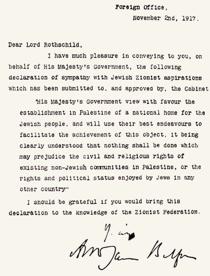 La carta se refiere al "establecimiento en Palestina de un hogar nacional para el pueblo judío"