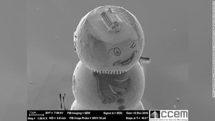 La casa microscópica está en la cabeza de un minúsculo muñeco de nieve