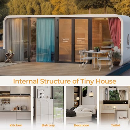 La casa prefabricada tipo cápsula tiene baño, cocina, sala y un dormitorio (Walmart)