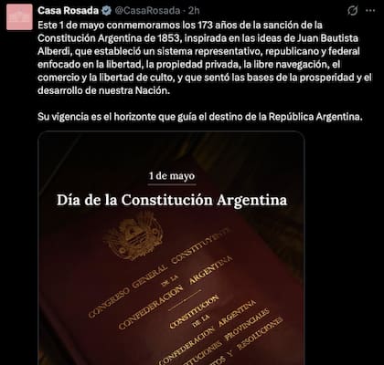 La Casa Rosada realizó otro comunicado por el 1 de mayo, destacando el rol de Alberdi y algunas banderas liberales