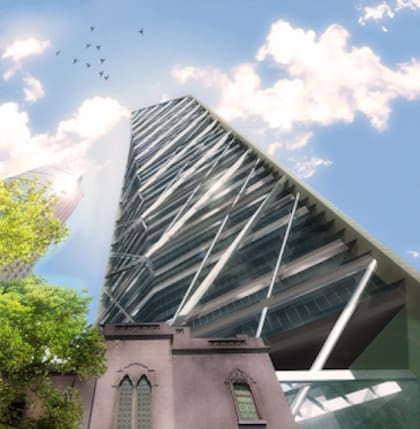 La casona gótica de 1929 convive con la moderna Torre Reforma, uno de los rascacielos más altos de México