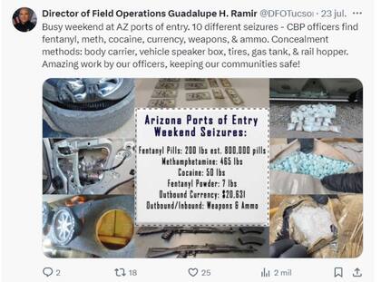 La CBP celebra en X las incautaciones de fentanilo, metanfetaminas y cocaína en operativos en Puerto Lukeville