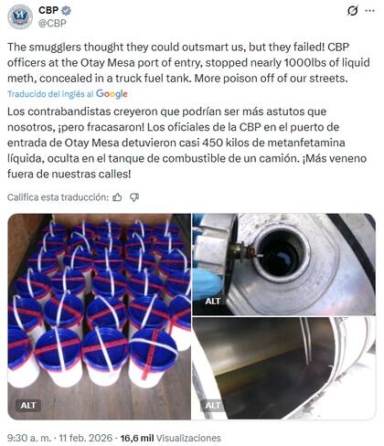 La CBP descubrió droga oculta en el tanque de combustible de un camión