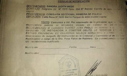 La cédula de detención de Juan Pablo Suárez