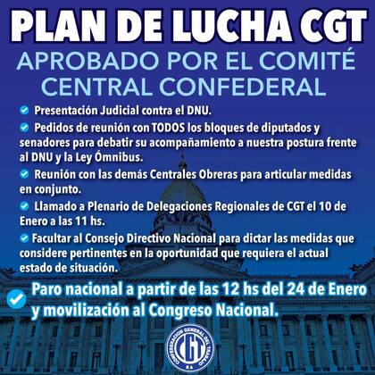 La CGT definió un "Plan de lucha" contra las iniciativas legislativas del Gobierno que culminará con el paro general del 24 de enero