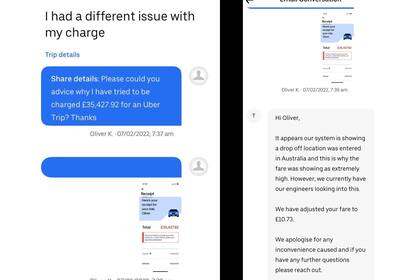 La charla de Oliver Kaplan con el servicio de ayuda de Uber para determinar por qué le cobraron 35.000 libras un viaje de 15 minutos