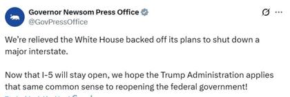 La chicana de Newsom a Trump, le pidió que aplique el sentido común y reabra el gobierno federal