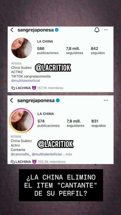 La China Suárez borró de su descripción la palabra "Cantante" y horas después la volvió a agregar