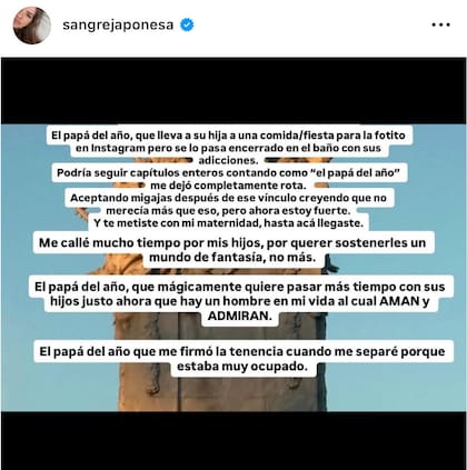 La China Suárez disparó contra Vicuña en un posteo de Instagram: "Me callé mucho tiempo por mis hijos, por querer sostenerles un mundo de fantasía, no más."