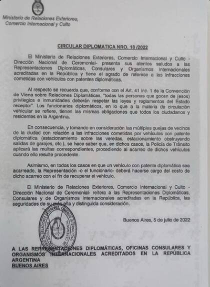 La circular de Cancillería que difundió el gobierno de la Ciudad