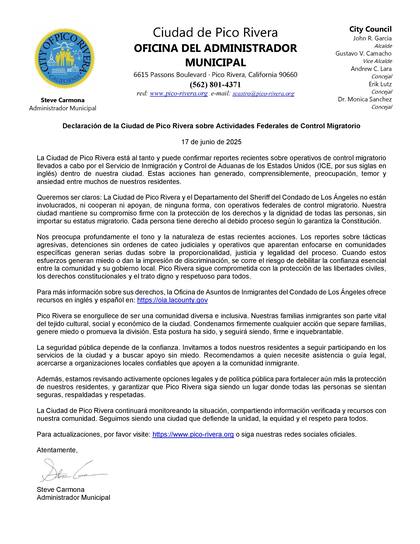 La ciudad de Pico Rivera emite un comunicado tras la redada del ICE
