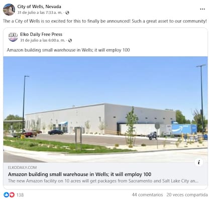 "¡La ciudad de Wells está muy emocionada de que al fin se anunciara esto! ¡Será un gran activo para nuestra comunidad!", publicó la ciudad de Nevada en Facebook (Facebook/City of Wells, Nevada)