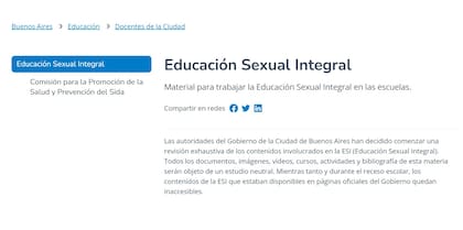 La Ciudad eliminó los contenidos online sobre la ESI