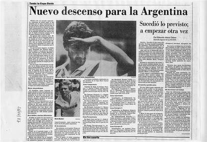 La cobertura de La Nacion de aquella serie de 1987 en Praga, que Argentina perdió 5 a 0 y significó el descenso a la Zona Americana de la Copa Davis