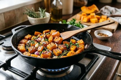 La cocción en sartén con tapa es fundamental para la calabaza
