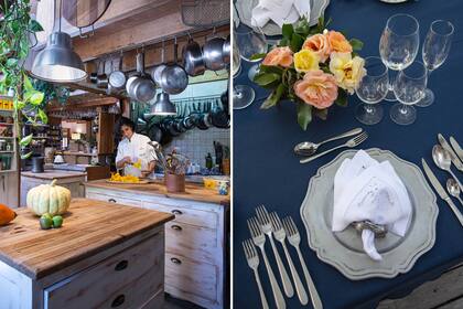 La cocina con todo lo necesario para preparar originales y exquisitos platos gourmet. Valeria a cargo del almuerzo del día: flores de calabaza rellenas. Con cita previa, se preparan deliciosos almuerzos con verduras frescas y productos elaborados in situ.