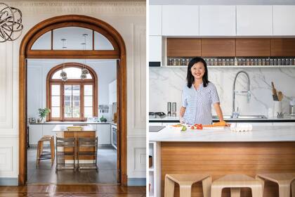 La cocina de 21m2 fue reformada por la arquitecta Maite Goicochea. Lámparas colgantes y de techo (Milamp Centro de iluminación).