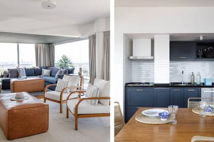 La cocina del quincho también tiene muebles estilo farmhouse con puerta replanadas, pero en color.