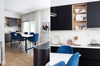 La cocina en rauvisio negro mate (Rahua Argentina) juega con la mesada de Calacatta (Technistone) y la grifería dorada (Hansgrohe)