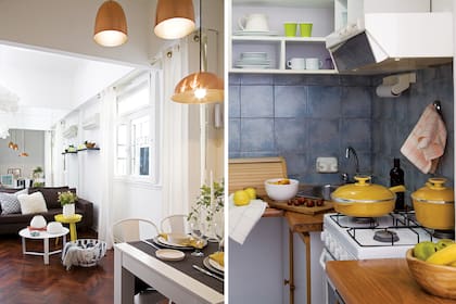 La cocina está en comunicación con el comedor, pero no se ve desde el living, donde colocó un enorme espejo detrás del sofá.