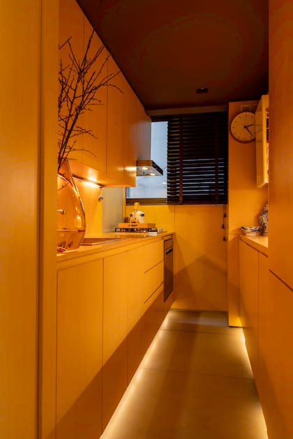 La cocina está íntegramente revestida en madera, con electrodomésticos panelables y luz difusa.