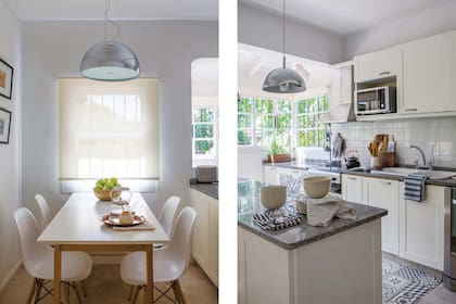 Mesa hecha a medida, sillas ‘DSW Eames’ y lámpara de techo (Indelec). La cocina lineal tiene mesadas de granito y amoblamiento estilo country de madera laqueada. Alfombra vinílica (Mihran).