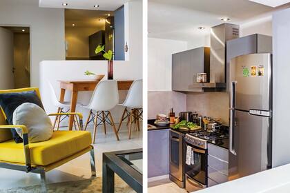 La cocina mantuvo su distribución original pero avanzó hasta la división existente. Esa ampliación permitió incorporar un lavavajillas de 45cm de ancho y sumó una línea más de mesada que queda escondida tras el murete (ahora unos centímetro más alto).