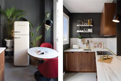 Para no saturar la vista en un espacio reducido, estantes sobre ménsulas en lugar de alacenas.