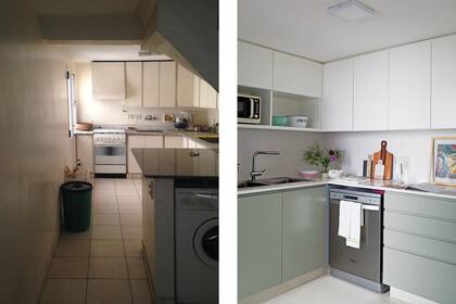La cocina se renovó por completo. Hoy tiene alacenas y bajo mesada con frente gris (Monoestudio). Mesada de Silestone (Imarmi).