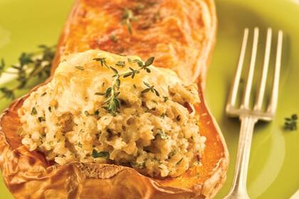 La combinación de calabaza rellena con arroz y quesos es exquisita