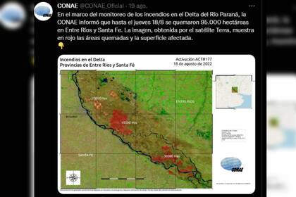 La Comisión Nacional de Actividades Espaciales informó sobre los focos de incendios (Foto Twitter)